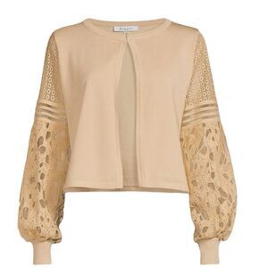 Sioni Women's Neutral Beige Lace Crochet Puff Sleeve Cardigan Sweater Size L